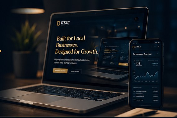 D’Key Digital website preview shown on a laptop and mobile dashboard.